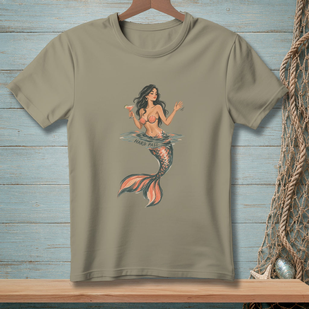 T-shirt with a mermaid holding a cocktail and text "HARD PASS".