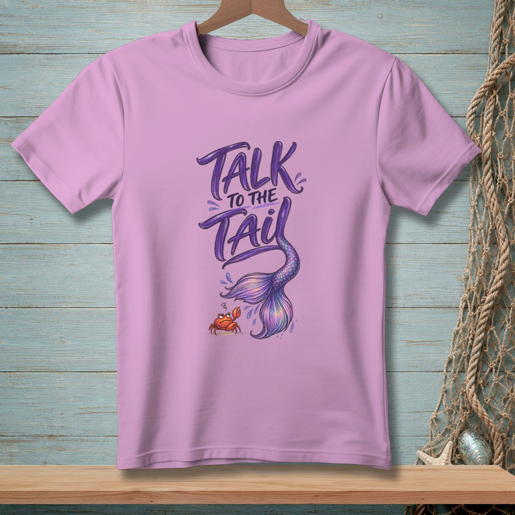 Purple t-shirt with "Talk to the Tail" text and mermaid tail graphic.