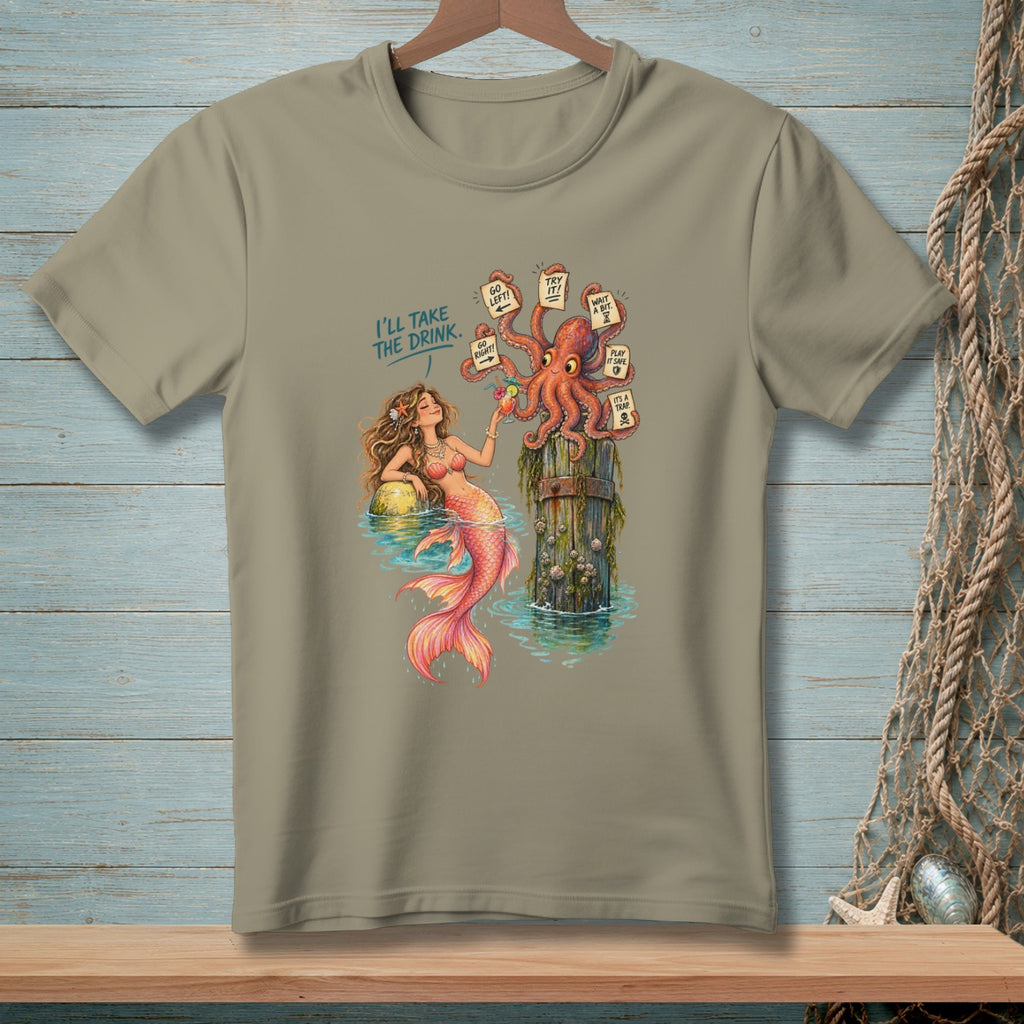 Mermaid and octopus with signs, "I'll take the drink."