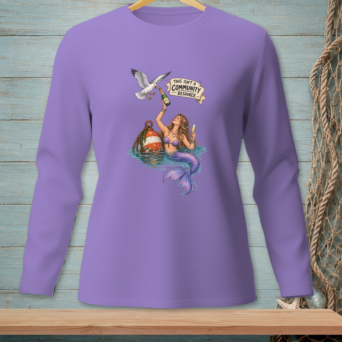 Mermaid with champagne and seagull, text reads "This isn't a community resource".