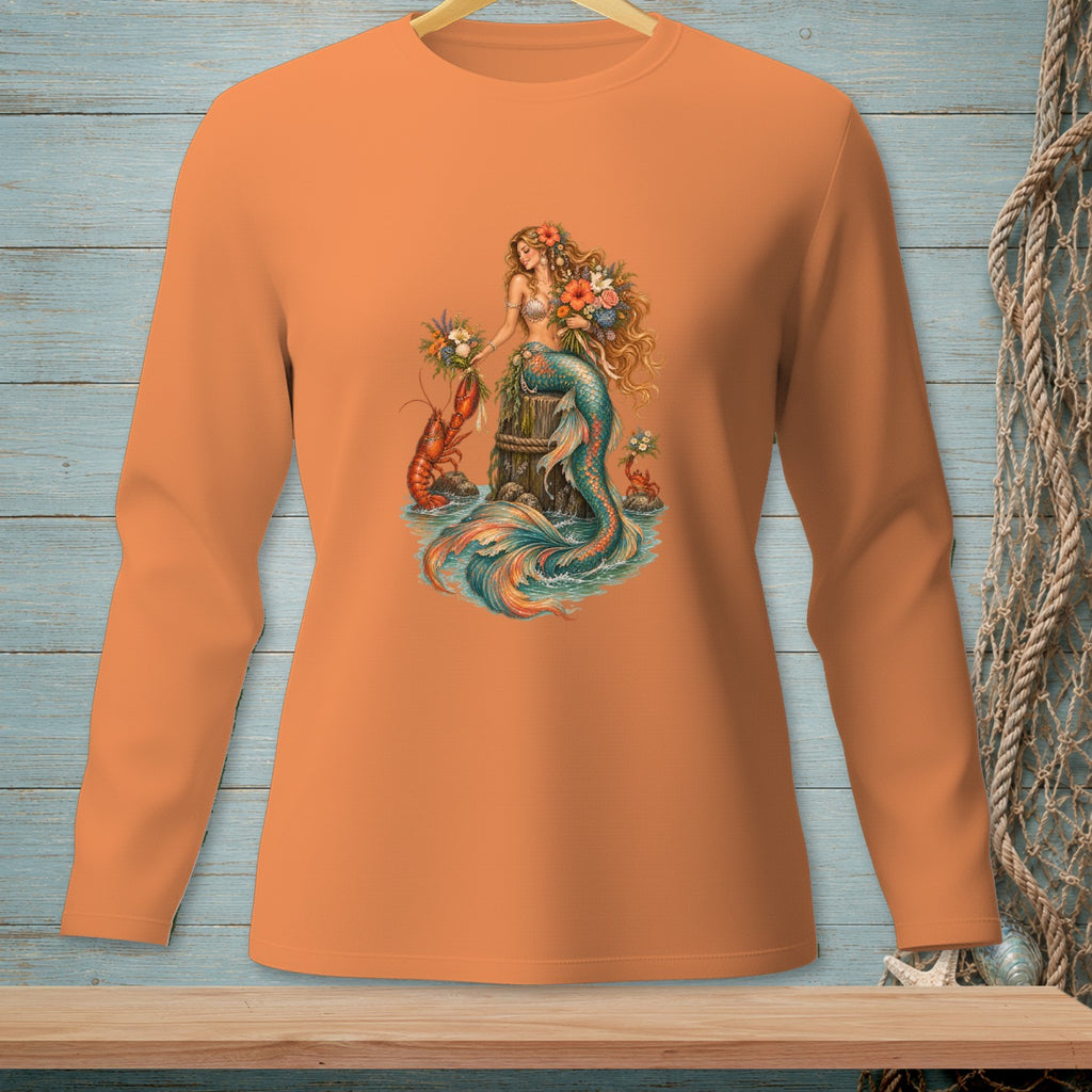 Orange long sleeve shirt with a detailed mermaid, lobster, and crab graphic.