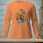 Orange long sleeve shirt with a detailed mermaid, lobster, and crab graphic.