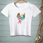 Mermaid with pink tail and crab on dock, text bubble "Calm Down".
