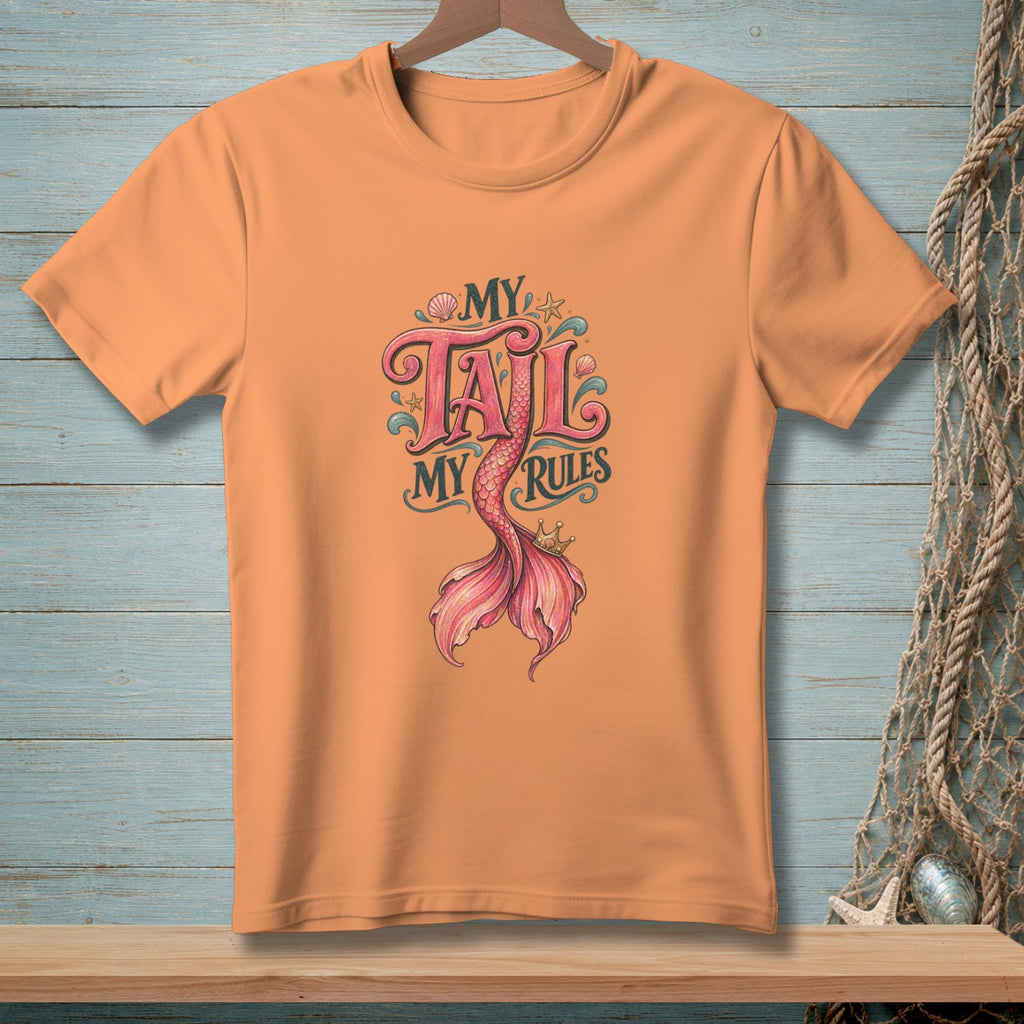 Orange t-shirt with "My Tail My Rules" mermaid graphic and pink tail.
