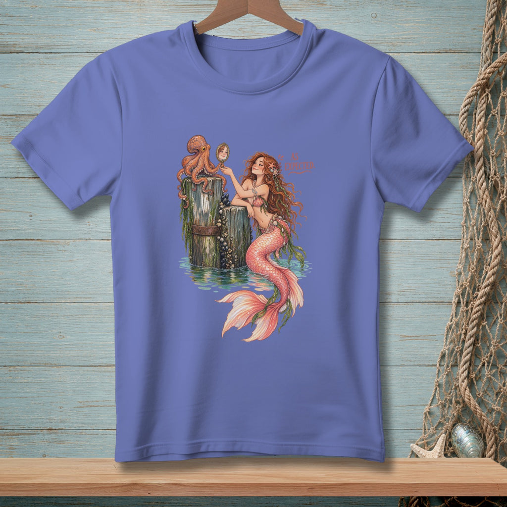 Illustration of a mermaid looking in a mirror held by an octopus on a wooden post.
