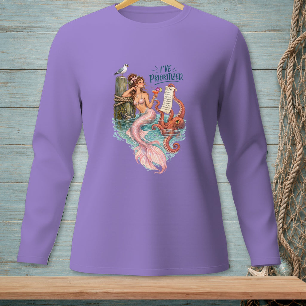 Purple long-sleeve shirt with a mermaid, octopus, and "I've Prioritized" text graphic.