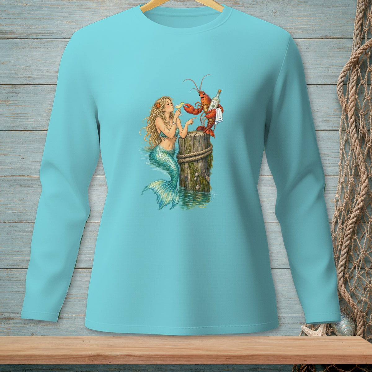 Mermaid with a cocktail and a lobster friend on a wooden post.