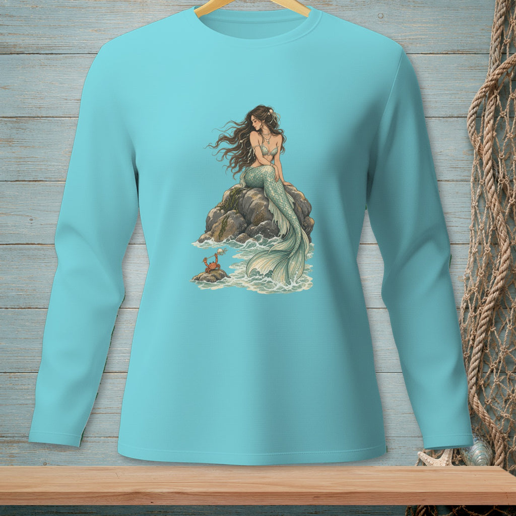 Turquoise long-sleeve shirt with a mermaid sitting on a rock with a crab.