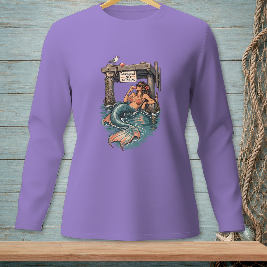 Mermaid by dock with "Absolutely No Drinking" sign, holding drink.
