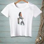 White t-shirt with a mermaid illustration sitting on a dock, "YOU AGAIN?" sign.