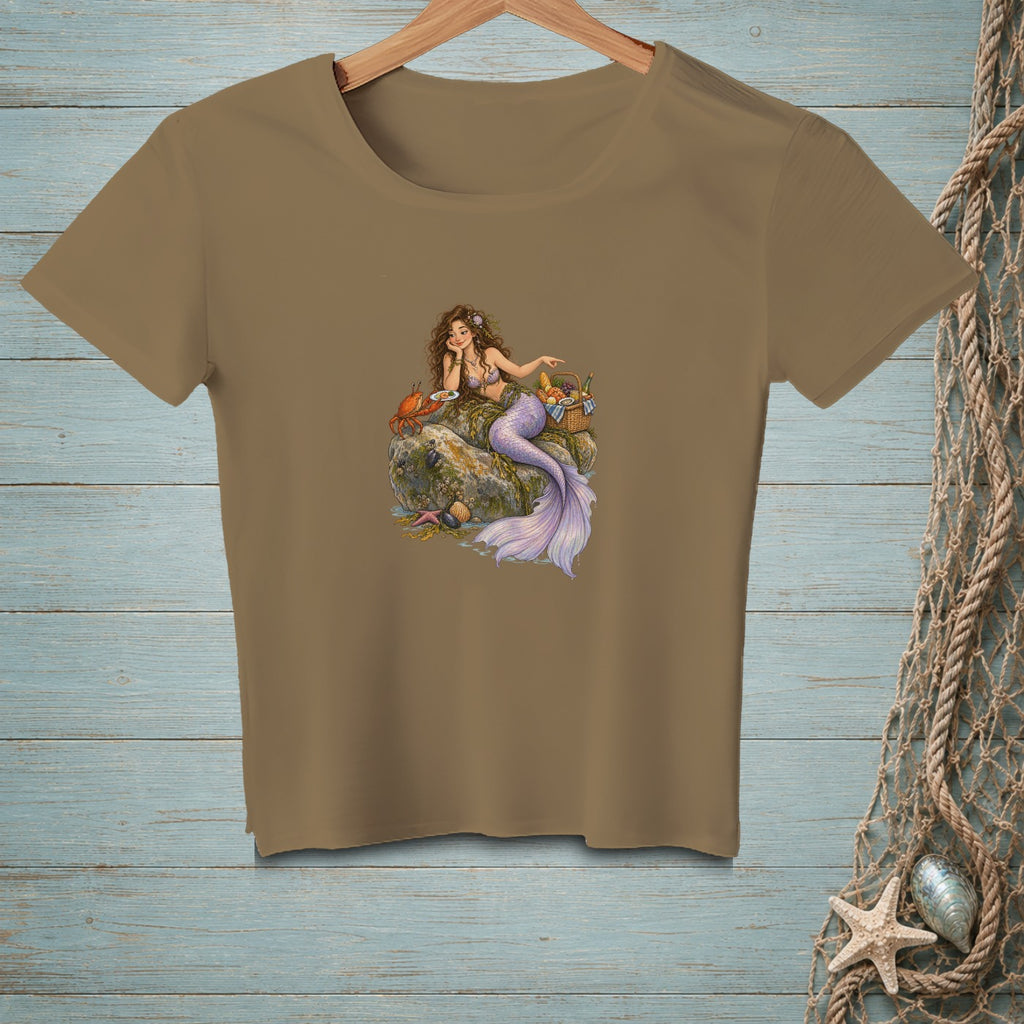 Brown t-shirt with mermaid, crab, and picnic basket graphic.