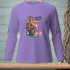 Purple long sleeve shirt with "WRONG MERMAID" graphic and a mermaid with a drink.