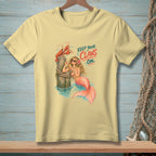 Mermaid with lobster on post, text reads "KEEP YOUR CLAWS ON".