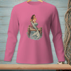 Mermaid on a pier with a drink, detailed illustration on a pink long-sleeve shirt.