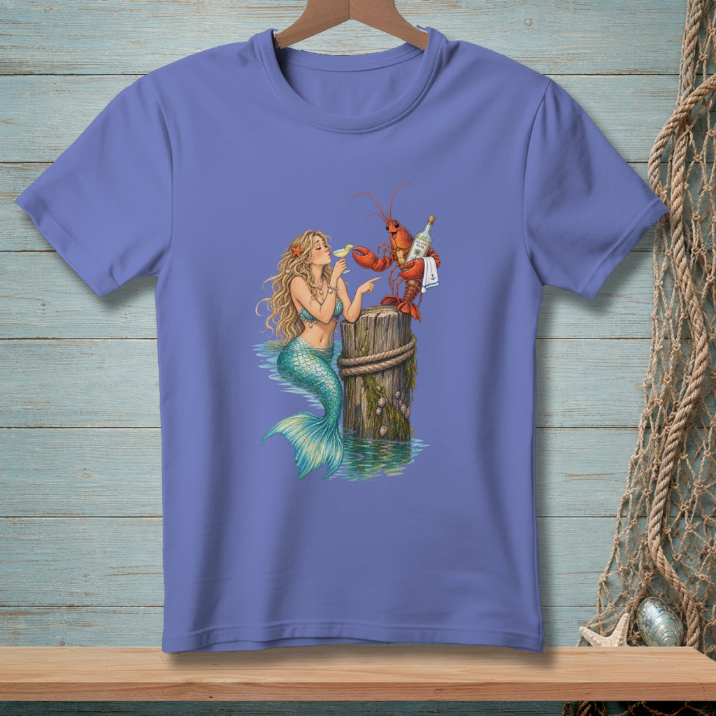 Mermaid and lobster by a wooden post with drinks.