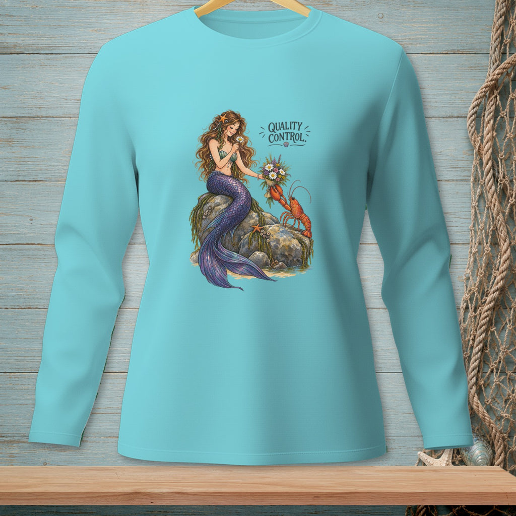 Mermaid holding flowers with a lobster, text "QUALITY CONTROL."