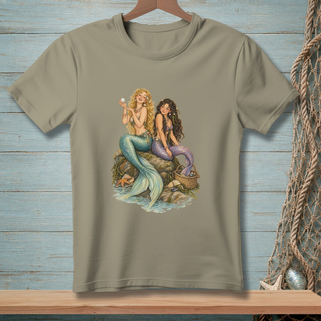 Two mermaids sitting on rocks, one holding a pearl, with a basket of shells.