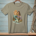 Two mermaids sitting on rocks, one holding a pearl, with a basket of shells.
