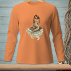 Orange long-sleeve shirt with a mermaid sitting on a rock with a drink.