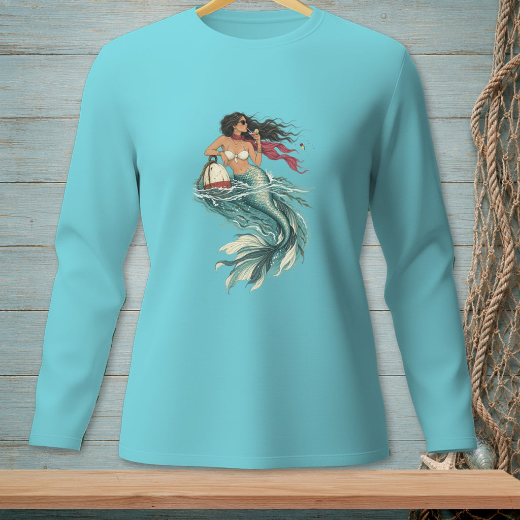 Mermaid with a buoy and drink on a light blue long-sleeved shirt.