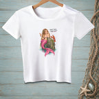 White t-shirt with illustration of a mermaid and lobster saying "That's nice. What else?".