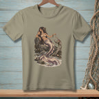 Illustration of a mermaid with a pearl necklace sitting on rocks by the sea.