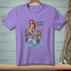 Mermaid with cocktail on dock and crab, "I'm Off Duty" text.