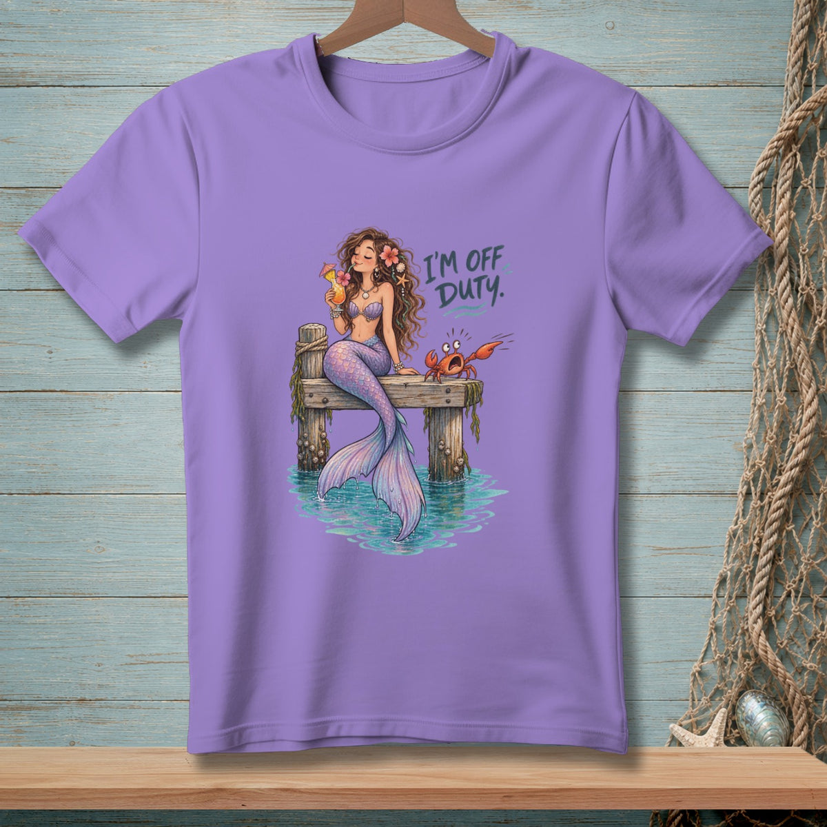 Mermaid with cocktail on dock and crab, "I'm Off Duty" text.