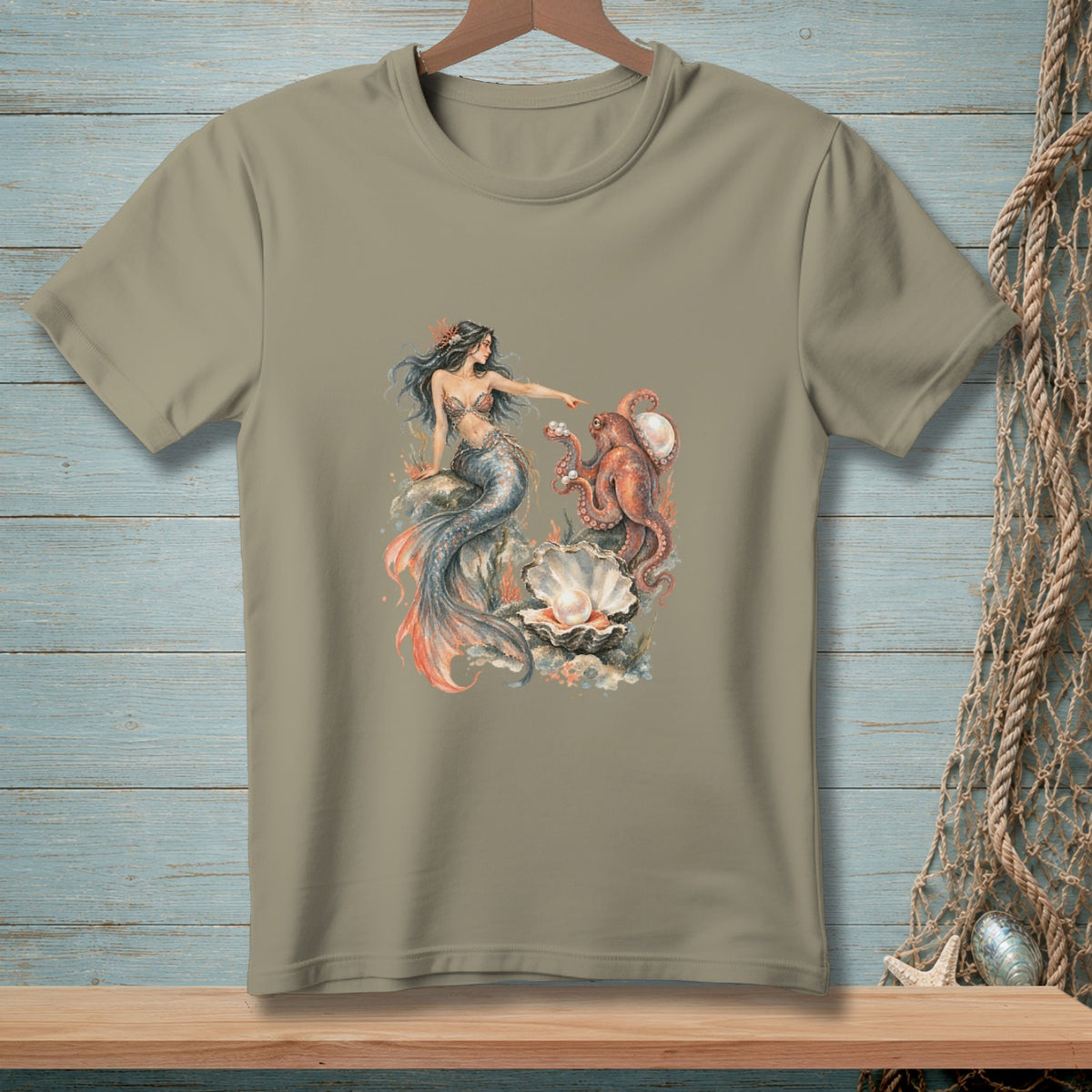 Mermaid and octopus interaction with a giant pearl on a t-shirt.