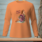 Orange long-sleeve shirt with mermaid, crab, and "Talk to the Tail" text.