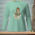 Long-sleeve shirt featuring a mermaid sitting on a rock with a drink.