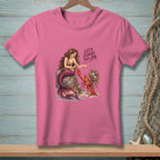 Pink t-shirt with illustration of mermaid and lobster, text "Let's Finish the Job."