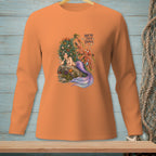 Orange long-sleeve shirt with a mermaid and octopus graphic and text.