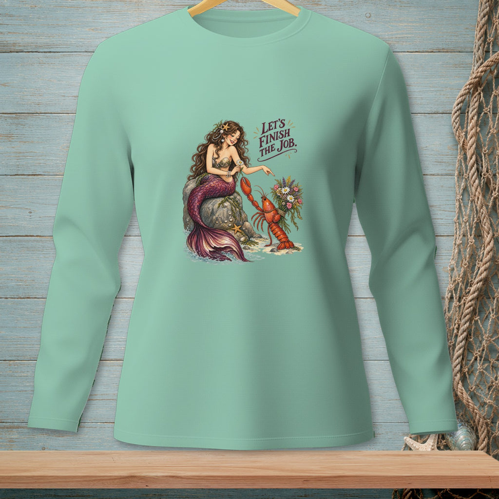 Mermaid pointing at lobster holding flowers with text "Let's finish the job."