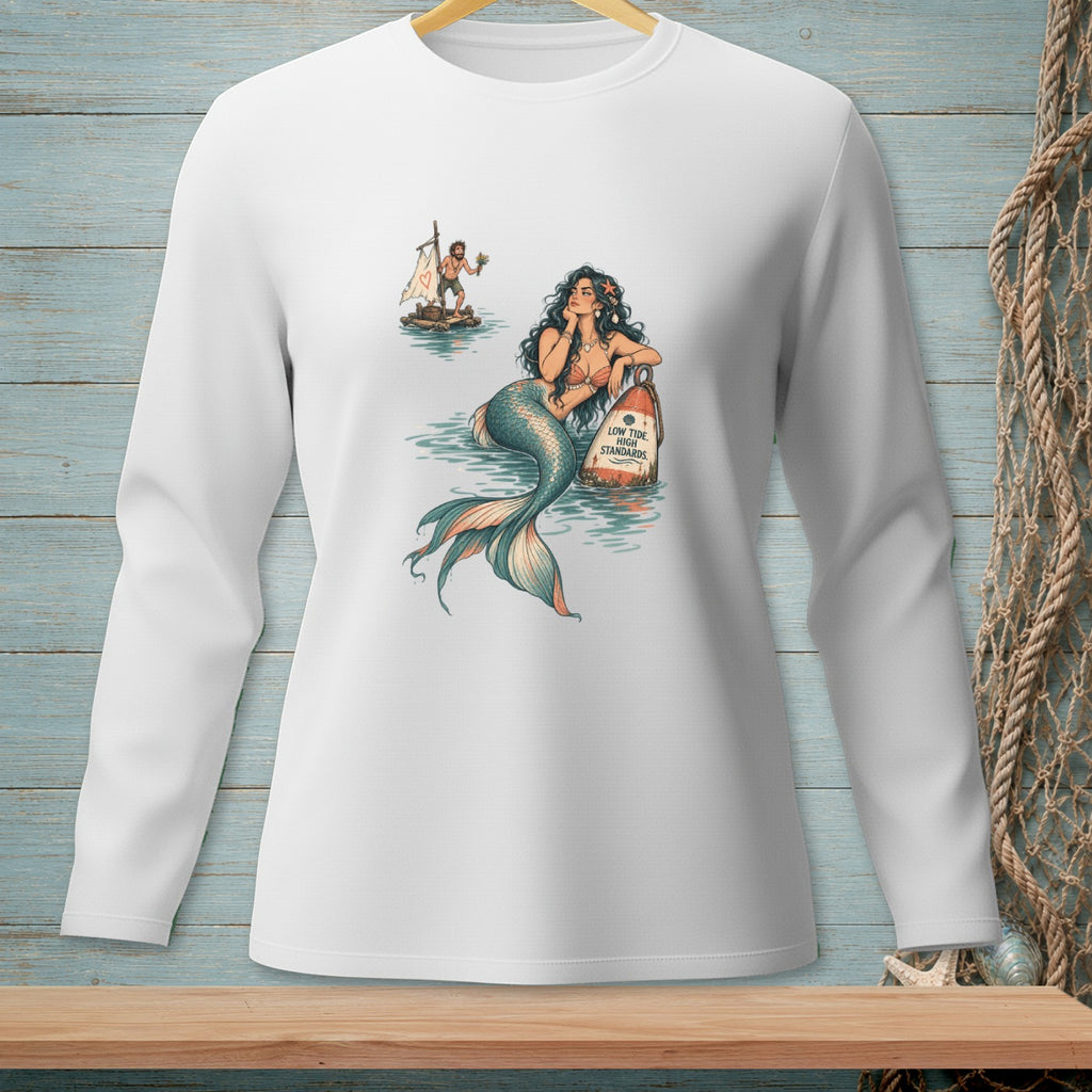 Mermaid with a buoy that reads "Low Tide, High Standards" and a man on a raft.