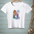 White t-shirt with mermaid and text "SALTY, TANGLED & UNBOTHERED" graphic.