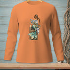 Orange long-sleeve shirt with a mermaid reading a magazine titled "Location Matters."