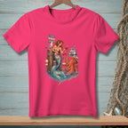 Mermaid, octopus, and seagull on a dock with signs: Marina, Tides & Tunes, Fresh Catch.