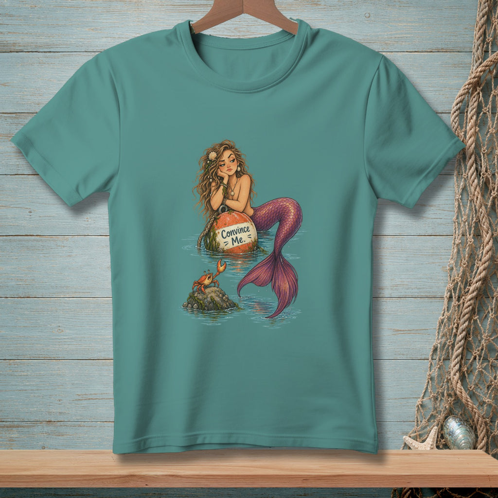 Mermaid with crab, sitting on a buoy with text "Convince Me".