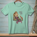 Mermaid sitting on rock with lobster, text "DON'T STOP NOW."