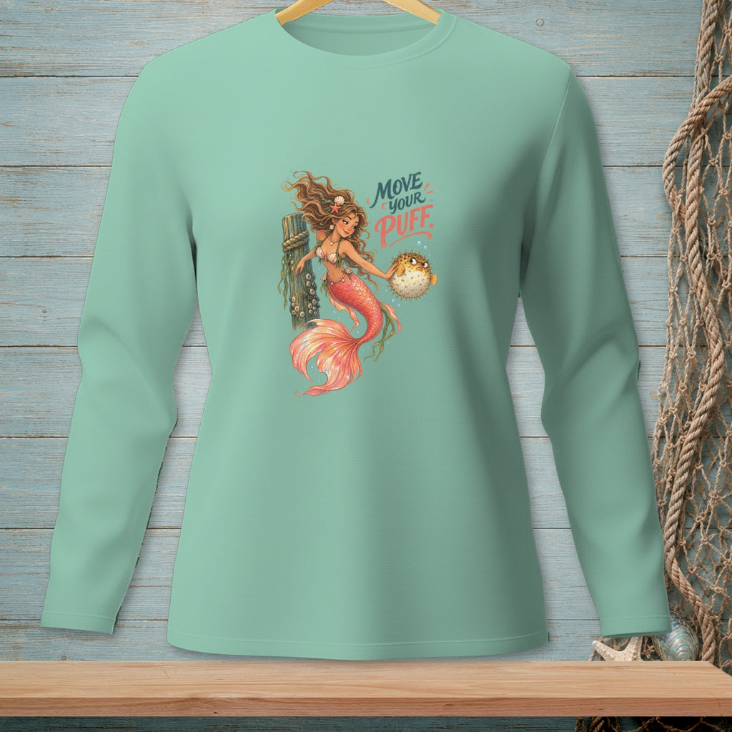 Mint long-sleeve shirt with mermaid and pufferfish graphic saying "Move Your Puff".