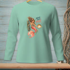 Mint long-sleeve shirt with mermaid and pufferfish graphic saying "Move Your Puff".
