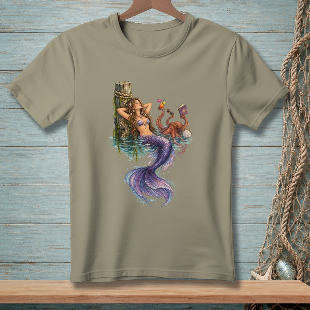 Mermaid lounging by pier with octopus holding drinks and sunglasses.