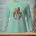 Two mermaids sit on a pier, one holding flowers, the other holding a letter.