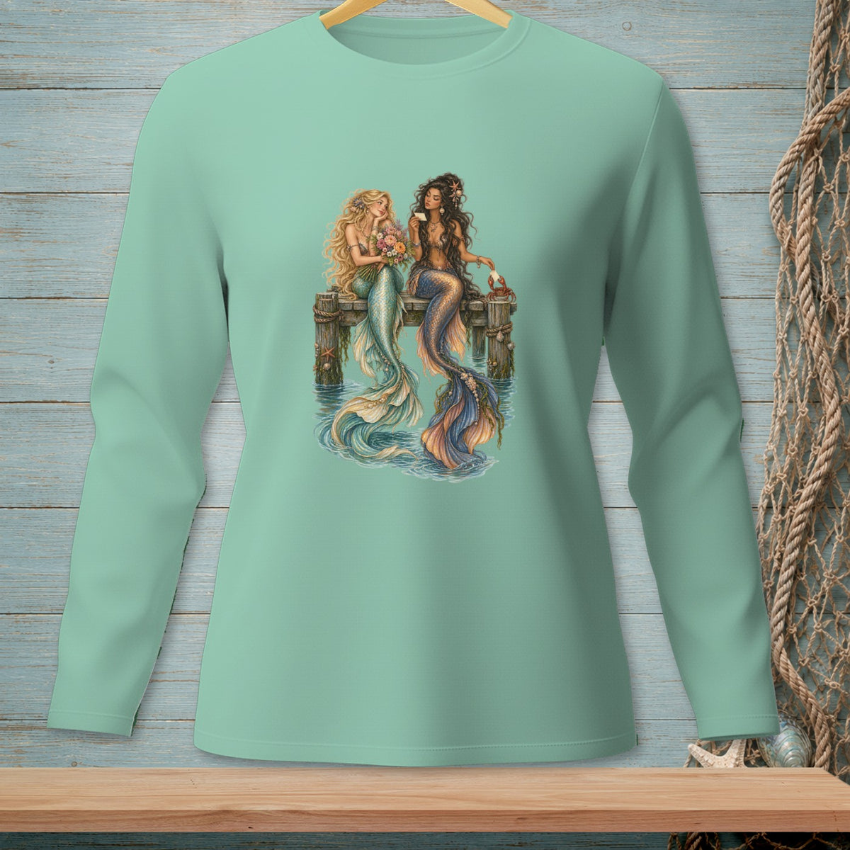 Two mermaids sit on a pier, one holding flowers, the other holding a letter.