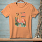 Peach t-shirt with mermaid graphic and text "Talk to the Fin. I'm Busy."
