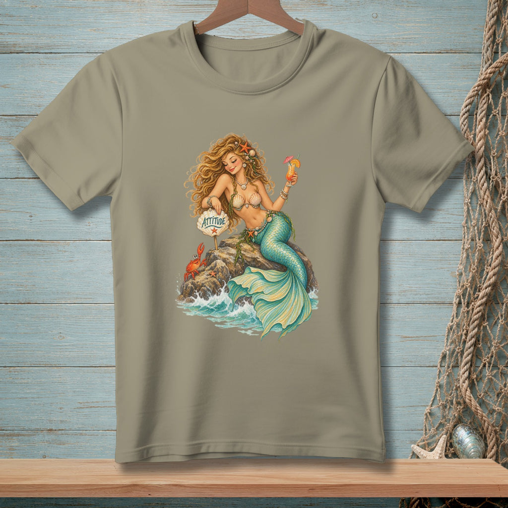 Mermaid with cocktail and crab on rock with "Attitude" sign.