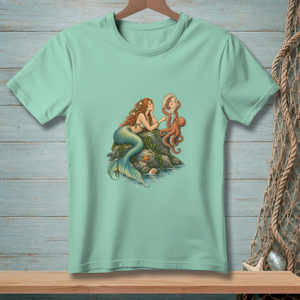 Mermaid looking into a shell held by an octopus on a rock.