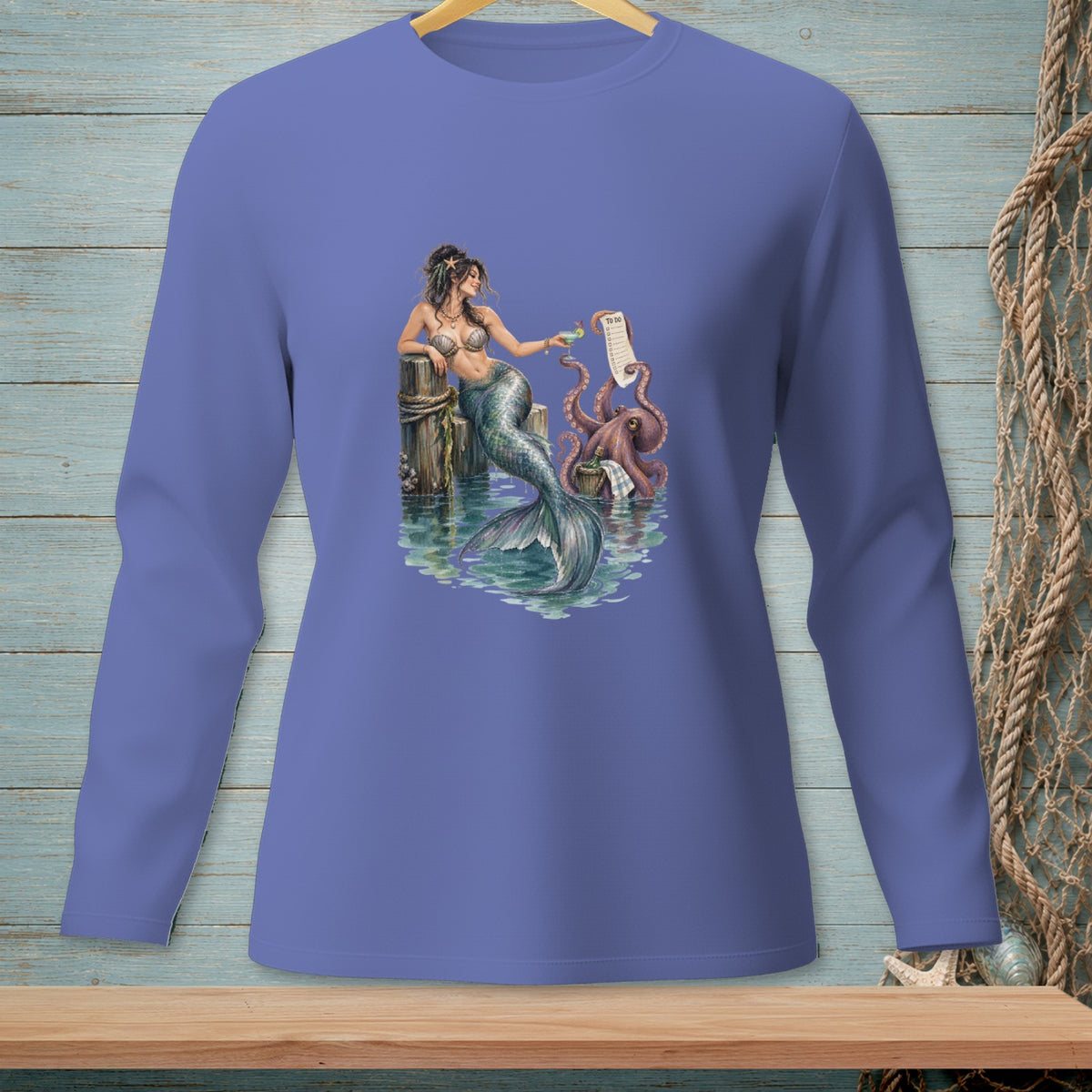 Mermaid holding drink near octopus with "To Do" list on dock.