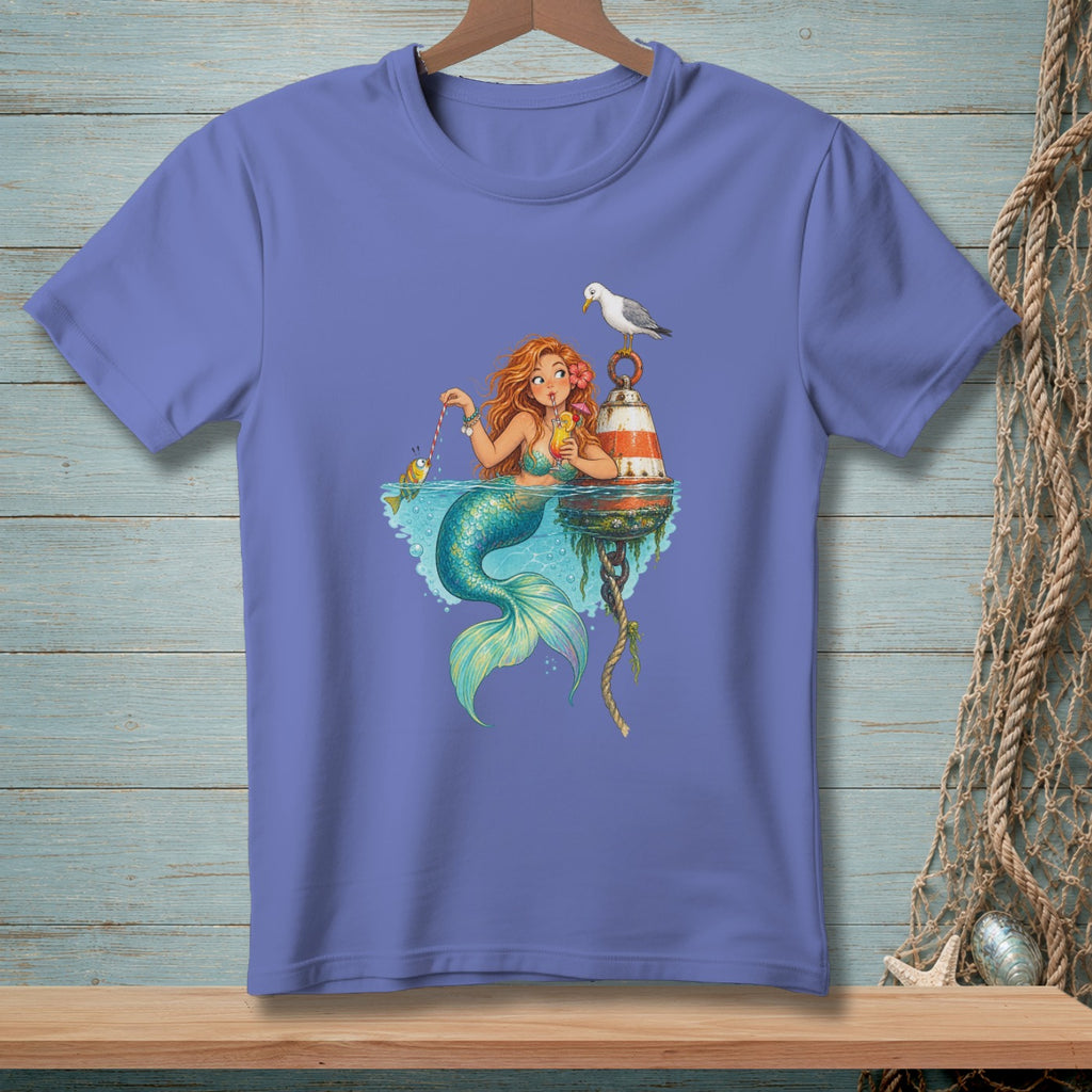 Mermaid drinks a cocktail, with a fish, seagull, and buoy.